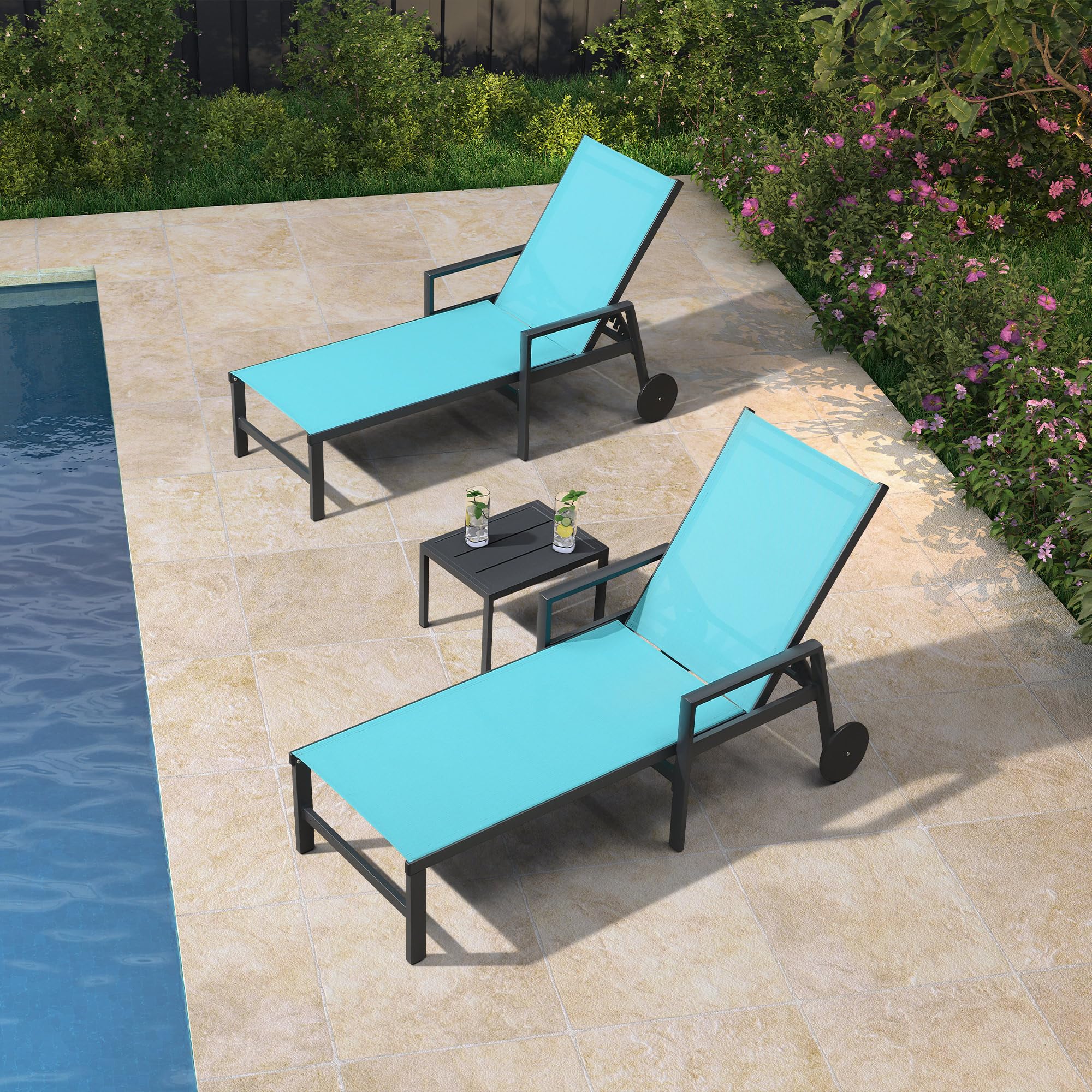 PURPLE LEAF 2-Piece Outdoor Chaise Lounge Set - Aluminum Patio Lounge Chairs with Wheels & Armrests - Turquoise Blue Recliners for Pool, Backyard, Beach & Garden Relaxation