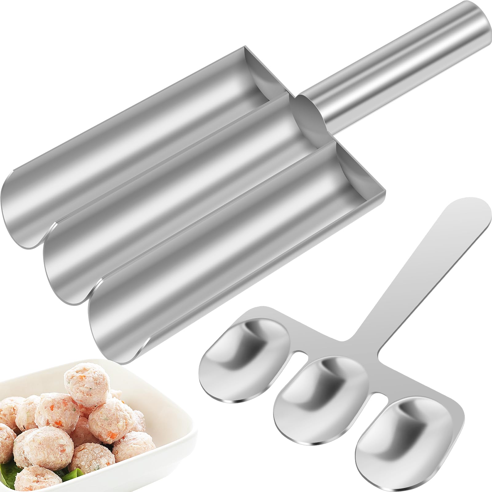 Stainless Steel Triple Meatball Scoop Maker with Scraper - Long Handle Manual Meat Baller for Perfect Meatballs & Cookie Dough - Ideal for Home Kitchen, Restaurant & Meal Prep