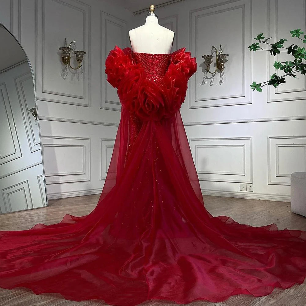 Elegant Red Mermaid Evening Gown with Puff Sleeves & Beaded Overskirt - Women's Formal Party Dress for Prom, Wedding, Gala & Special Occasions