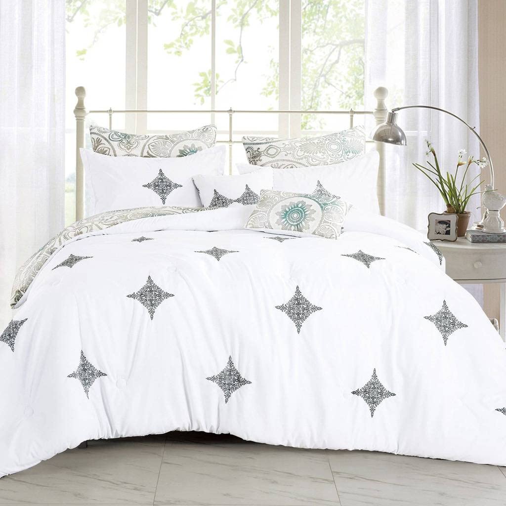 Presley Contemporary White Modern Comforter Set - 7 Piece King Size Bedding Set for Luxury Master Bedroom & Guest Room Decor