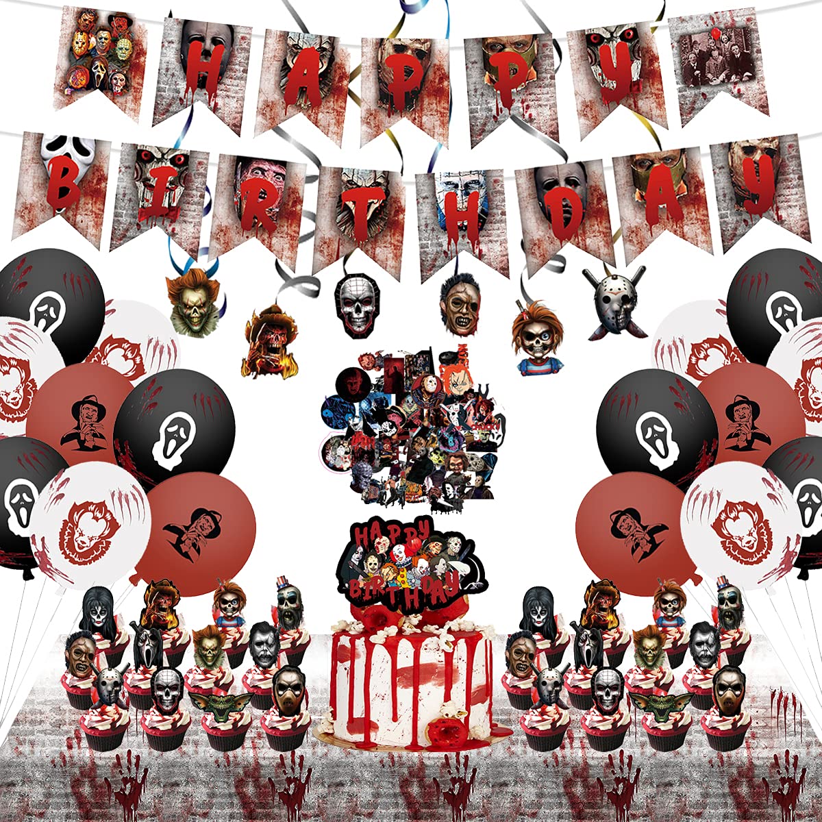 WILDPARTY Classic Horror Movie Party Decorations Set - Halloween Party Supplies with Banners, Latex Balloons, Hanging Swirls, Cake Toppers & Table Covers for Kids & Adults - Perfect for Nightmare Before Christmas, Halloween Horror Nights & Spooky Birthday Parties