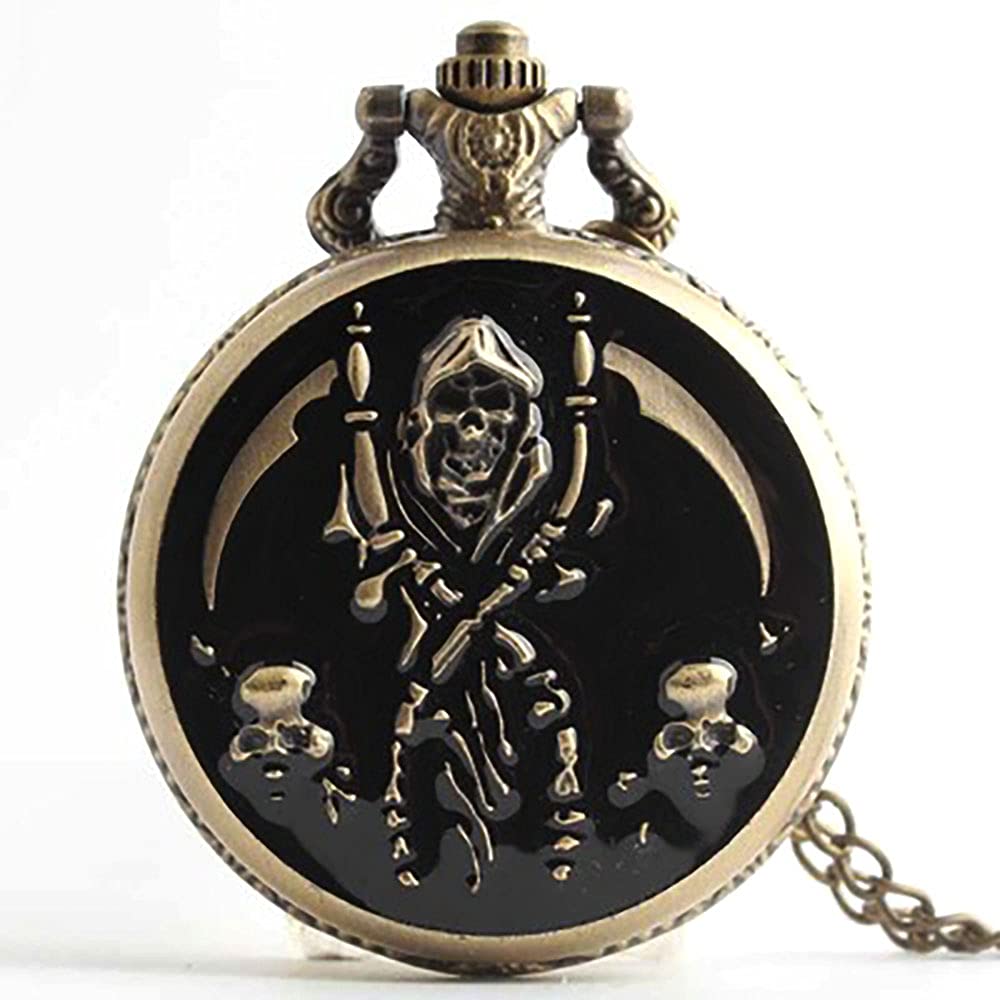 Vintage Quartz Pocket Watch with Chain - Black Grim Reaper Carved Design, Bronze Mens Fashion Watch - Perfect for Steampunk Costumes, Gothic Outfits & Collector's Gifts