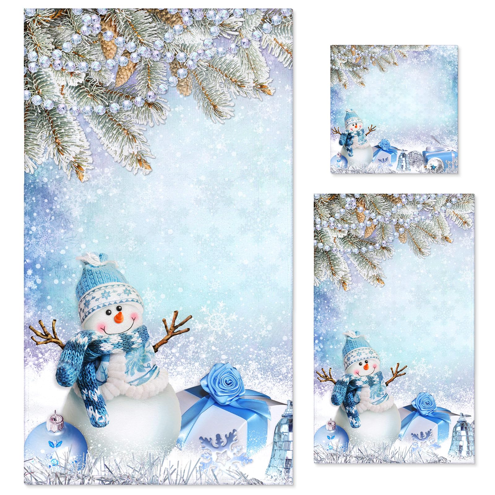3 Pack Christmas Snowman Bath Towels Set - Blue Snowflake Hand Towels & Kitchen Towels for Bathroom, Home, Hotel, Beach, Gym, Spa | Perfect for Holiday Decor, Winter Gifts & Cozy Home Decor