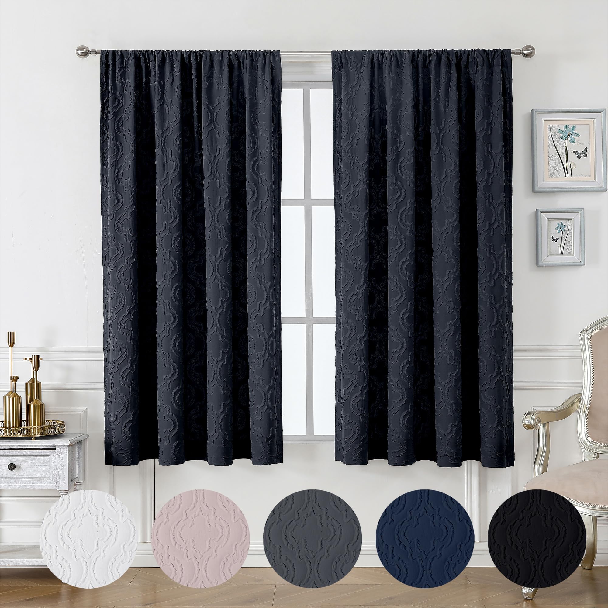 OVZME Blackout Curtains 52x63 Inches - 3D Embossed Textured Thick Fabric Drapes for Kitchen & Bedroom, Light Filtering Room Darkening Window Treatments with Rod Pocket, Soft Touch Casual Design (Black) - Perfect for Home Theater, Nursery & Shift Workers