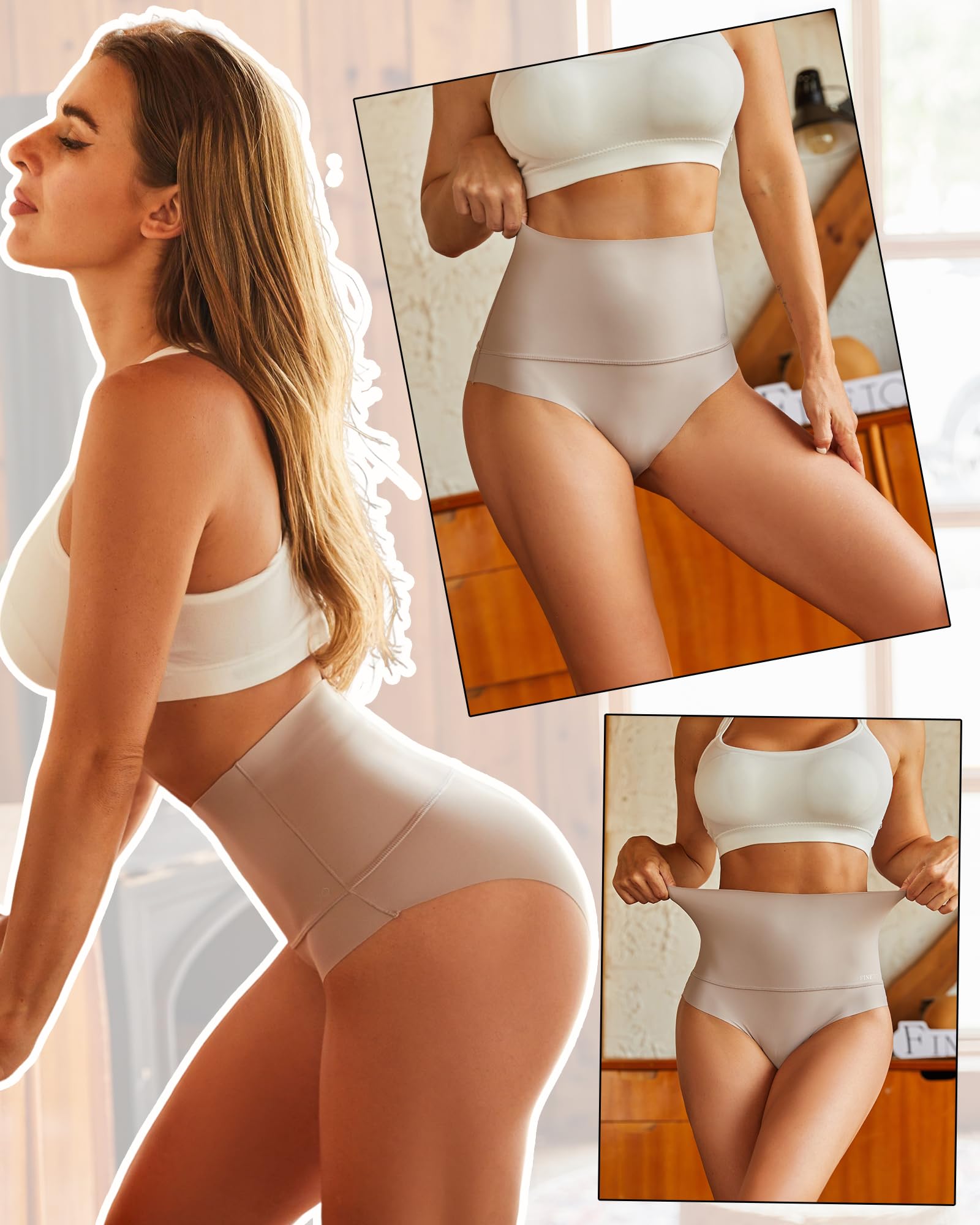 FINETOO High Waisted Tummy Control Underwear for Women - Seamless No Show Nylon Panties 4 Pack (S-XXXL) - Comfortable Shapewear for Everyday Wear, Yoga & Workout