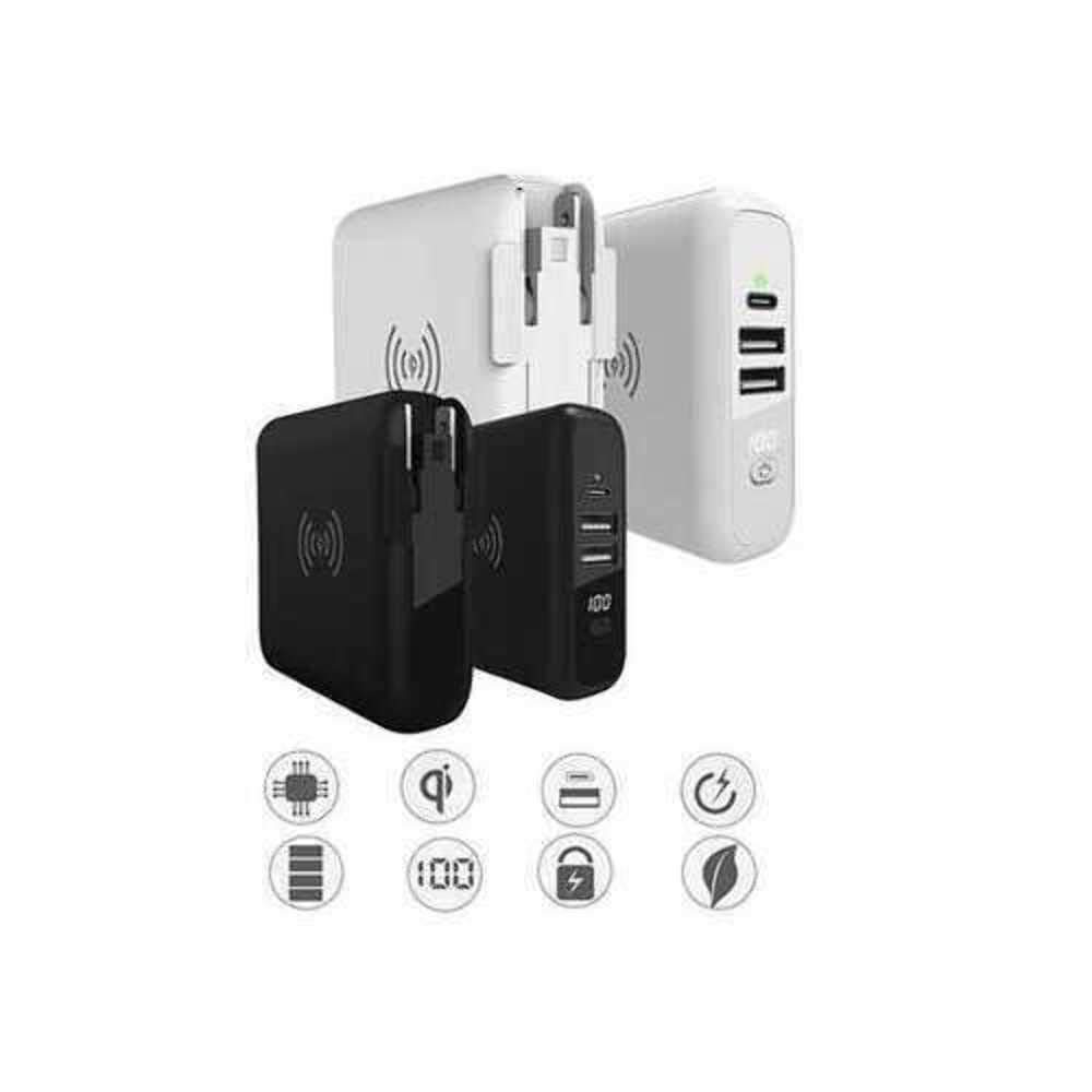 World Travel Multi-Power Portable Charger with Qi Wireless & Type-C Ports - Universal Fast Charging for iPhone, iPad, MacBook 2015+, Samsung, Sony Devices - Perfect for Airports, Hotels & International Travel - White