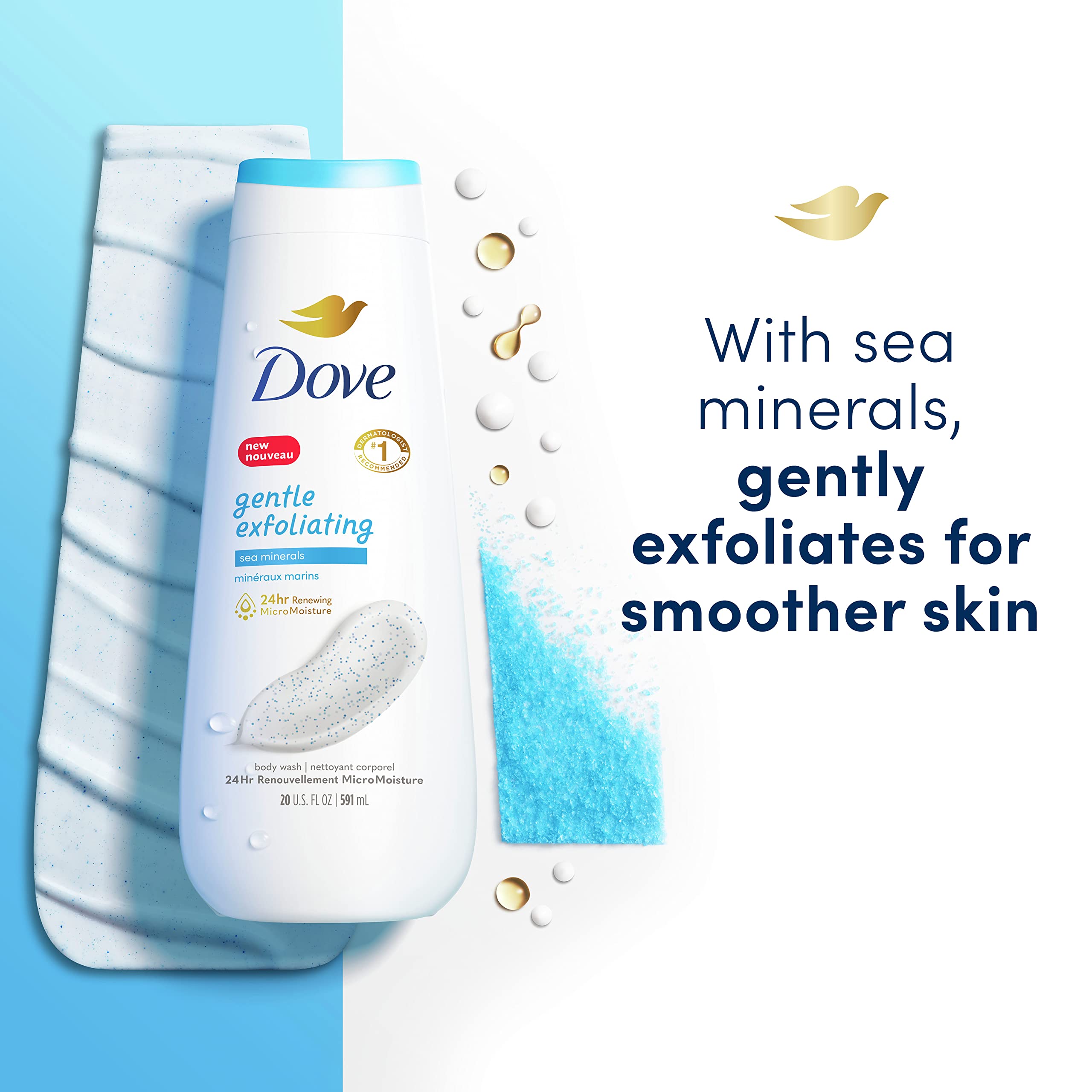 Dove Gentle Exfoliating Body Wash with Sea Minerals (4-Pack) & Original Beauty Bar Cleanser with Moisturizing Cream (14 Bars, 3.75 oz) Bundle - Hydrating Skincare Routine for Dry & Sensitive Skin