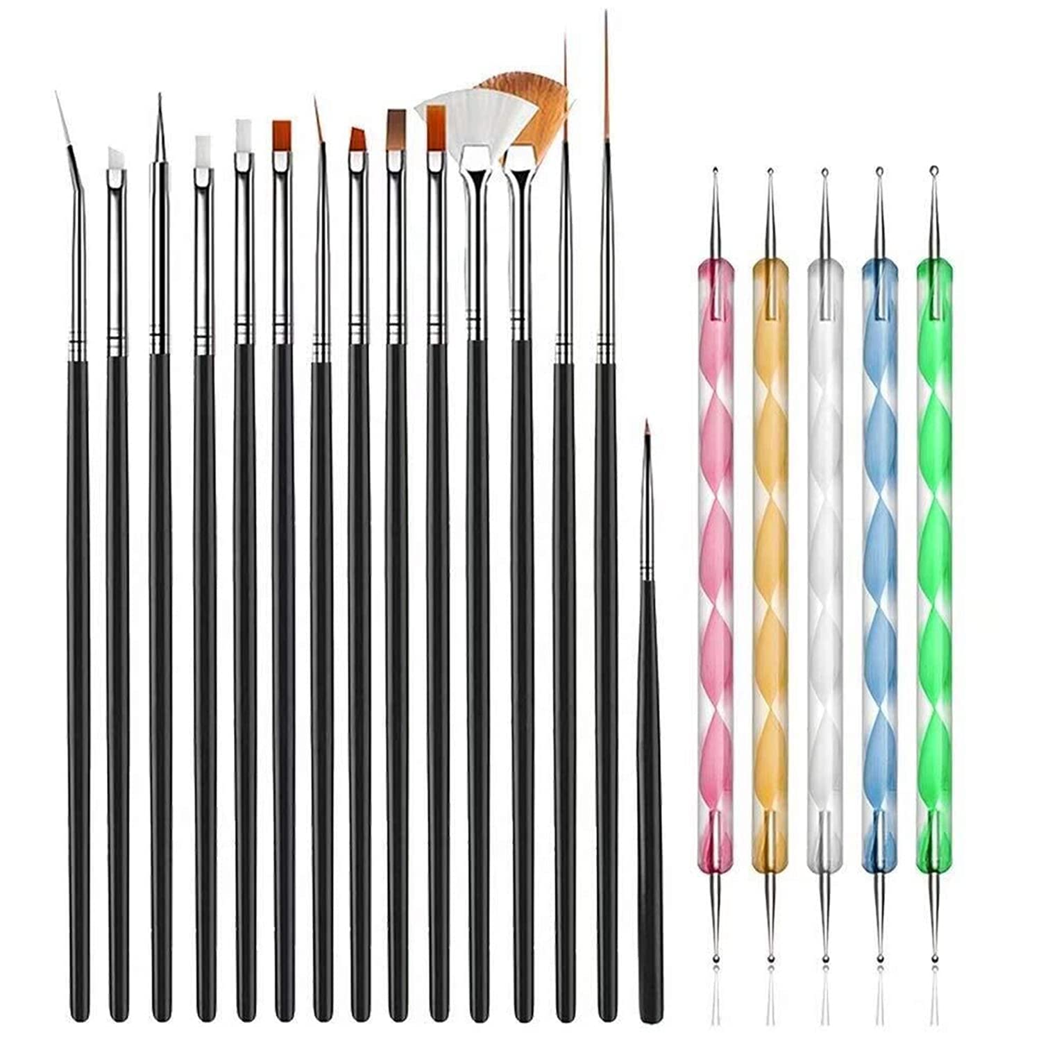 BELICIA 20pcs Professional Nail Art Design Kit - 15pcs Acrylic Painting Brushes & 5pcs Dotting Pens for Nail Art, Manicure, Gel Polish - Perfect for Salon, Home DIY Nail Designs & Nail Extension Art