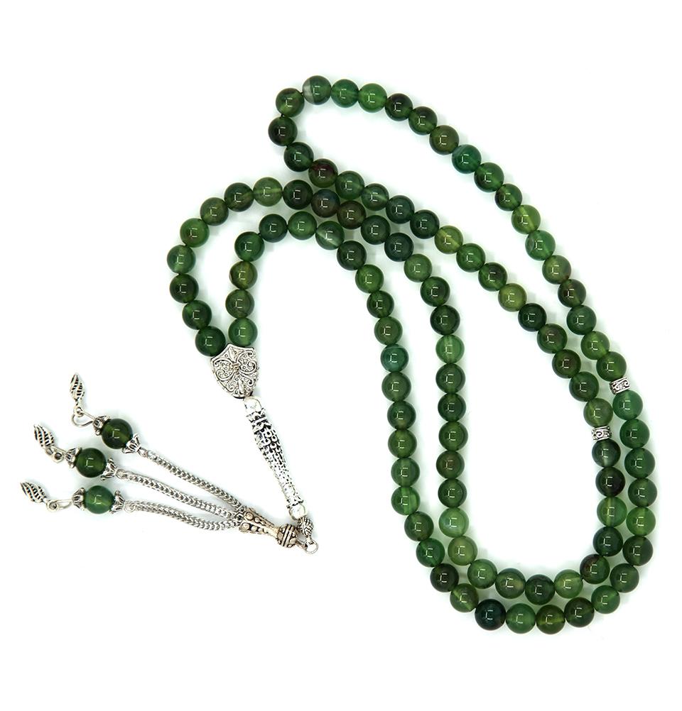 Islamic Tesbih Prayer Beads - 99 Count Round Multicolored Agate Stone Beads (Green) for Muslim Prayer, Meditation & Stress Relief