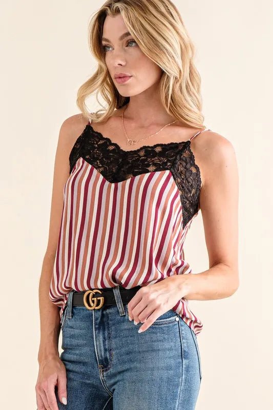 Women's Stripe Print Lace Cami Top - Flattering Summer Blouse for Casual Wear, Date Night & Layering