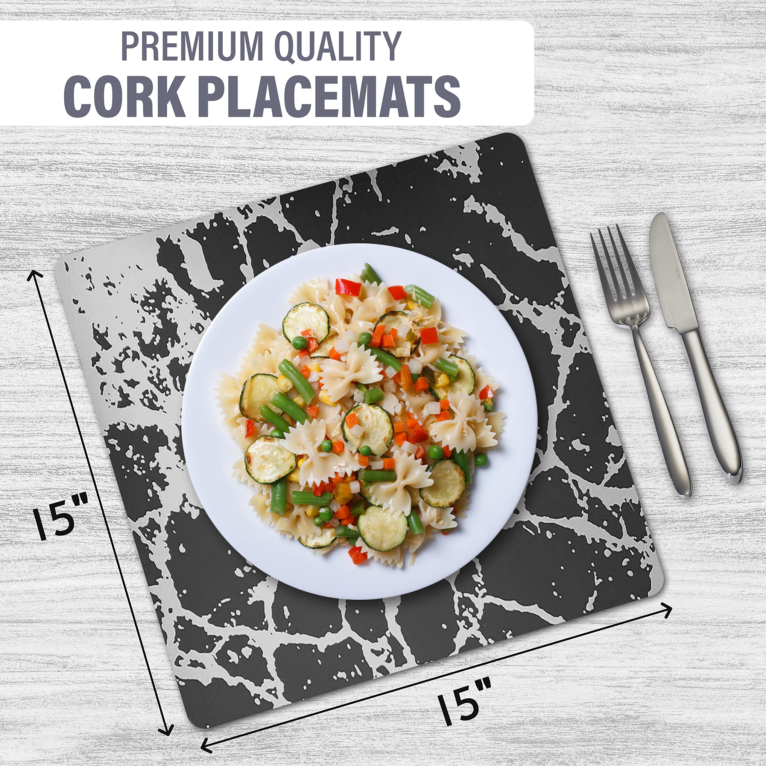 Elegant Black Silver Marble Square Cork Placemats Set of 2 - 15x15 Inch Heat Resistant, Non-Slip & Easy Clean Dining Table Mats - Perfect for Modern Home Decor, Dinner Parties & Stylish Kitchen Protection