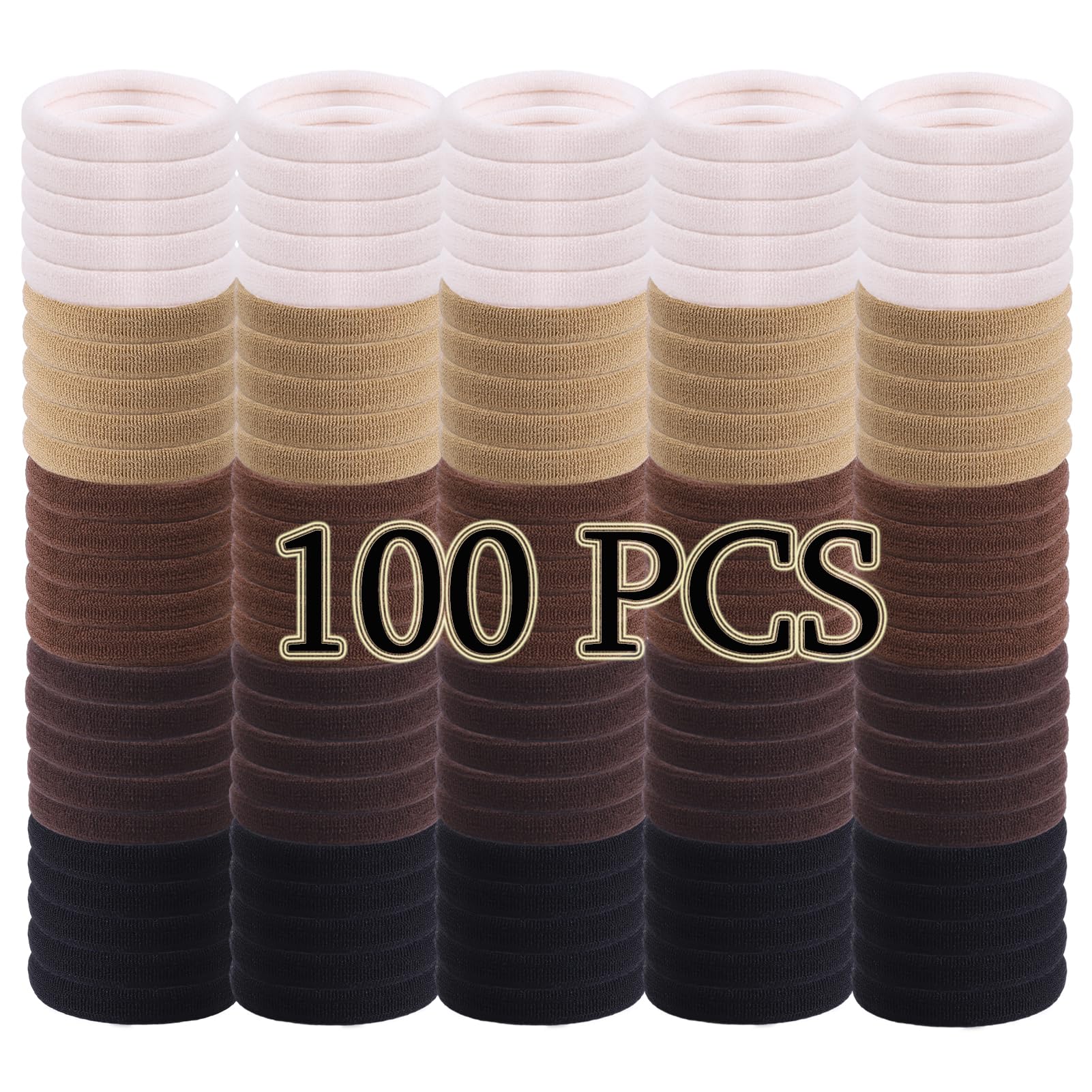 100 Pack Seamless Cotton Hair Ties for Women - No Damage Brown Hair Bands, Strong Stretch Ponytail Holders for Thick Hair - Perfect for Workouts, Yoga, Office & Everyday Use (Brown)