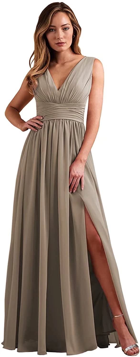 TORYEMY Women's Long Chiffon Bridesmaid Dress with High Slit & Double V-Neck - Elegant Pleated Formal Gown for Weddings, Prom, Evening Parties