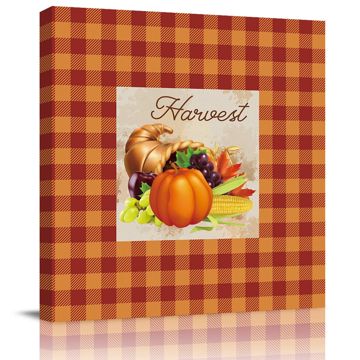 Thanksgiving Pumpkin Cornucopia Orange Buffalo Plaid Wall Art Canvas Prints - Stretched Framed Farmhouse Decor for Living Room, Bedroom, Kitchen | Harvest Season Oil Painting 28x28 Inch - Perfect for Autumn Home Decor & Holiday Gift Giving