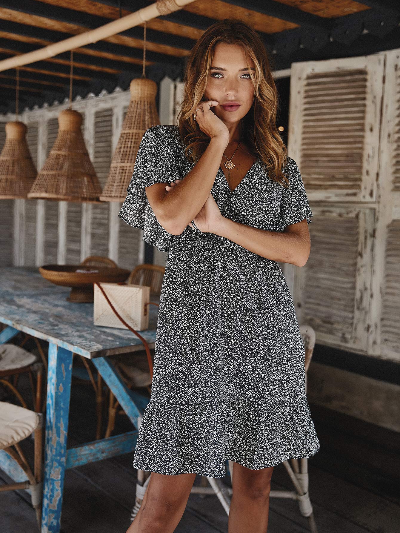 Women's Summer Sweet & Cute Wrap Dress - Ruffle Short Sleeve Floral Printed Flowy Mini Dress for Beach, Party & Casual Outings