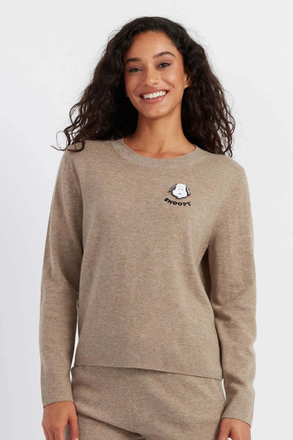 Soft Cashmere Snoopy Sweater with Truffle Wood Badge - Cozy Winter Pullover for Women, Perfect for Casual Wear & Holiday Gifts