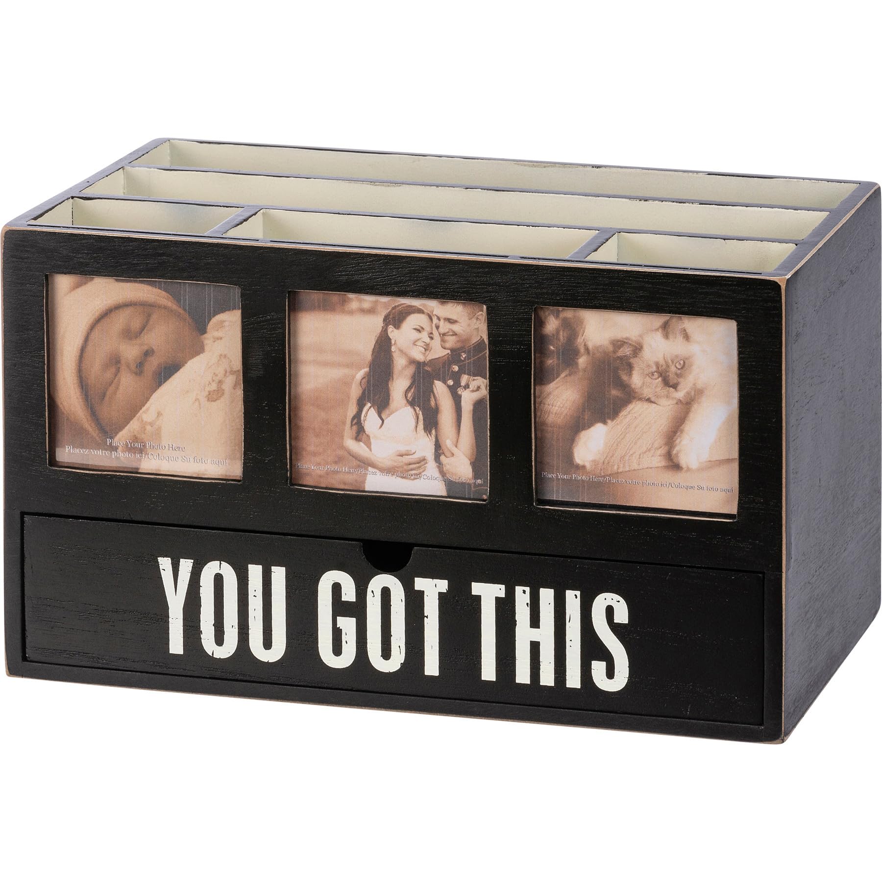 Primitives by Kathy 'You Got This' Wooden Desk Organizer with Drawer & Picture Frames - Office Decor for Home, Workstation & Gift Ideas