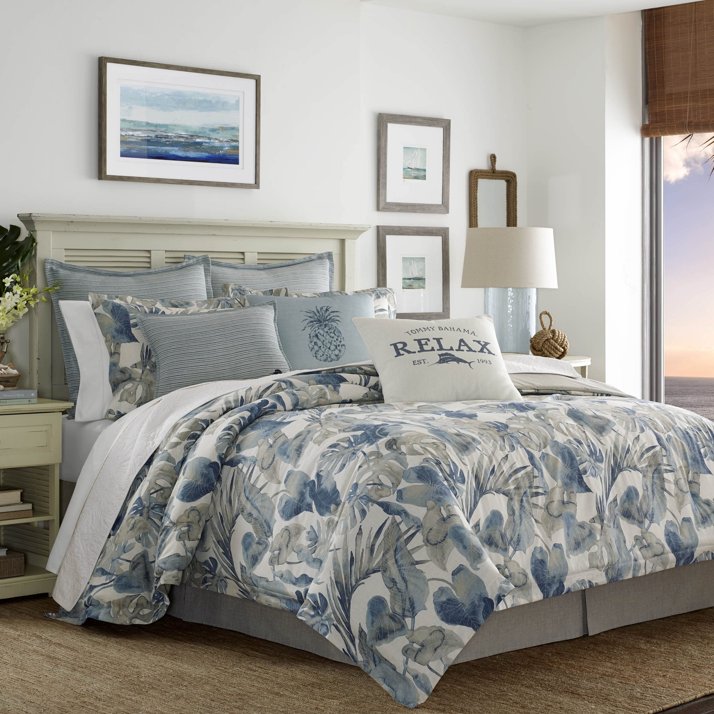 Tommy Bahama Queen Comforter Set - 100% Cotton Reversible Bedding with Matching Shams & Bedskirt | Ultra Soft Luxury Bedding for Master Bedroom (Raw Coast Blue, Queen Size) | Perfect for Coastal & Beach House Decor