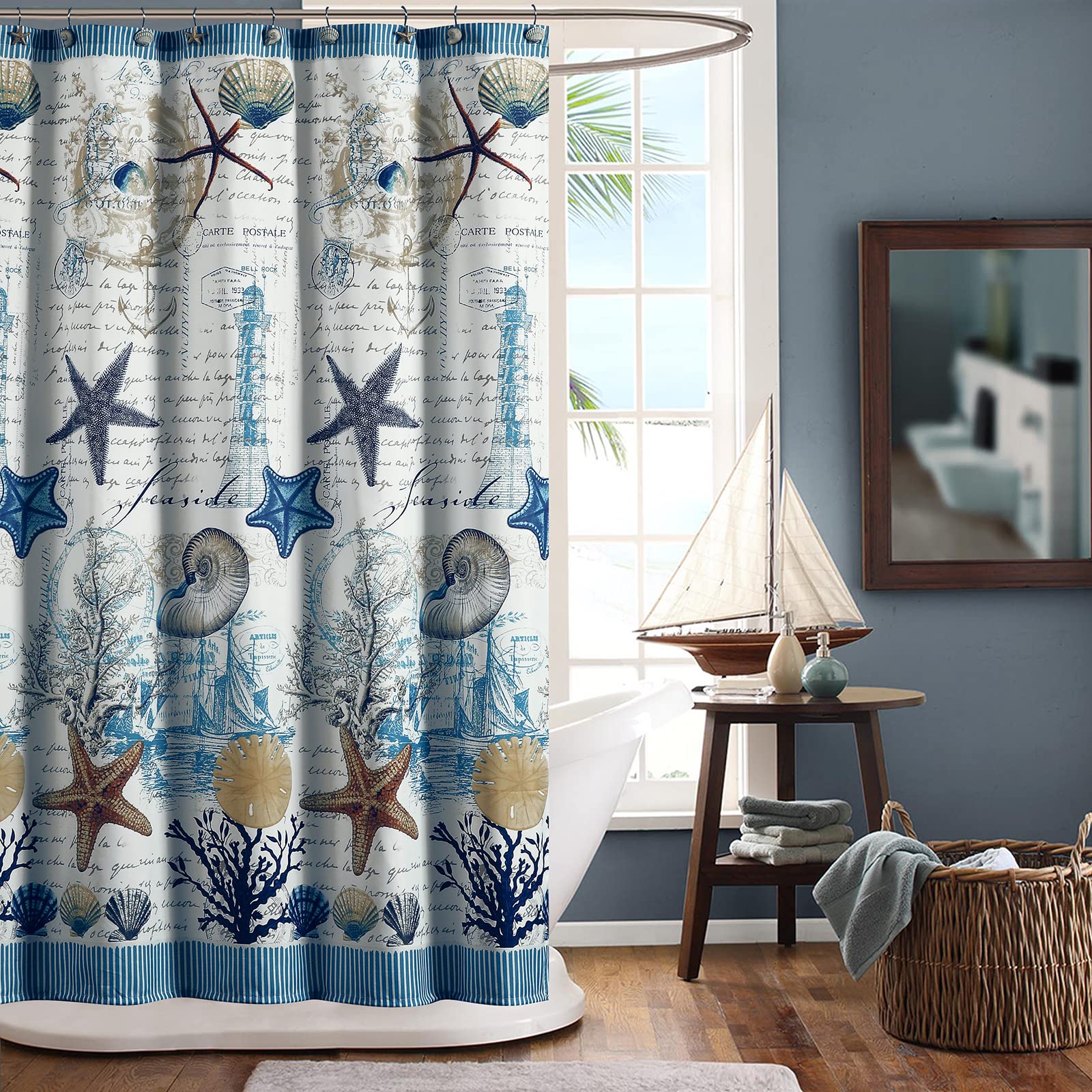 Under The Sea Blue Seashell Waterproof Polyester Shower Curtain - 62x78 Inch Coastal Bathroom Decor with Ocean Theme - Perfect for Beach House, Seaside Cottage or Nautical Bathroom Design