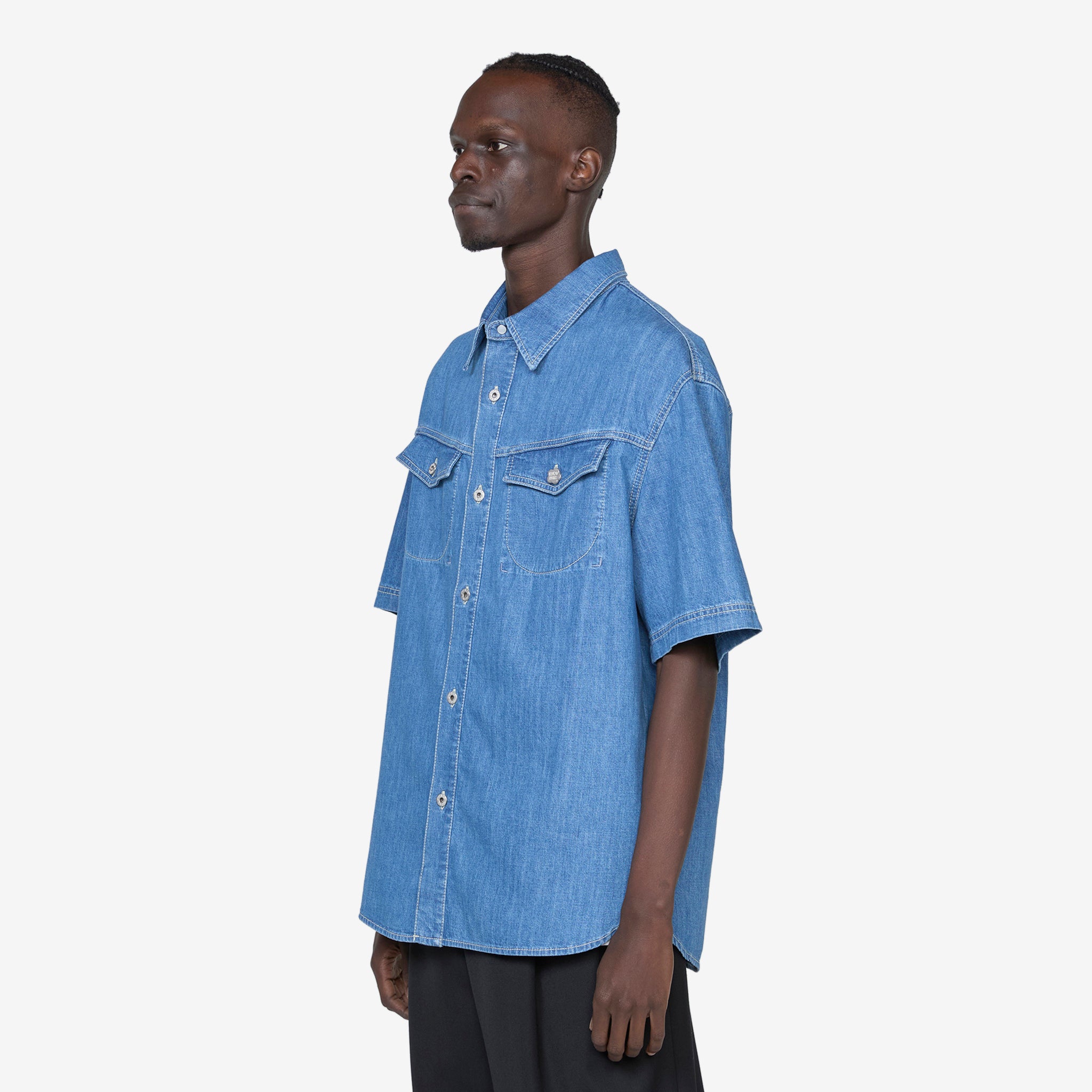Men's Short Sleeve Casual Shirt - Stone Washed Bleached Blue Cotton Button Down for Summer Outdoor Activities and Travel