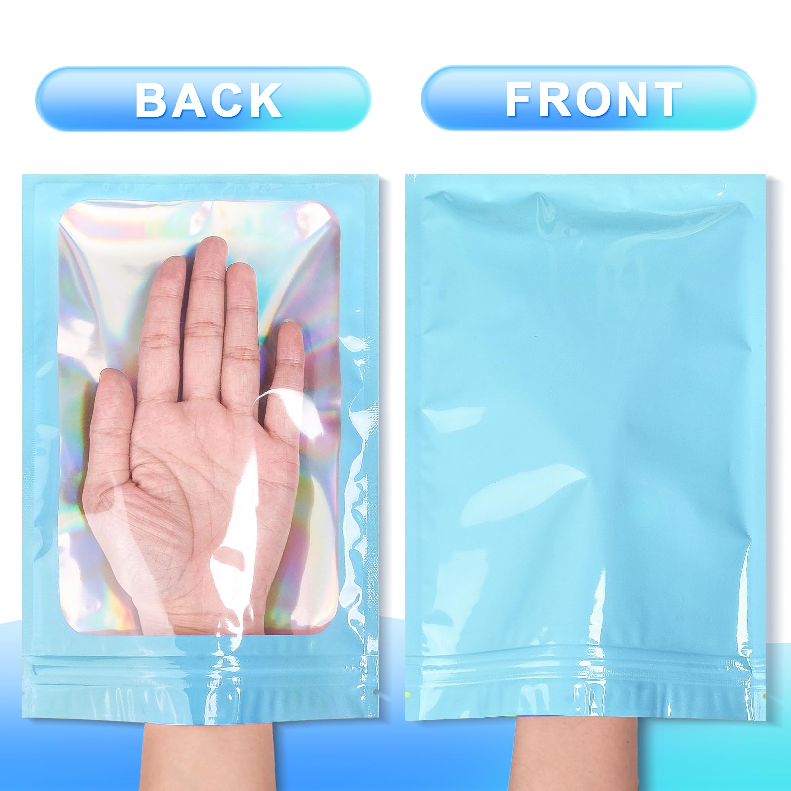 100-Pack Smell Proof Mylar Bags with Resealable Zipper - Holographic Stand-Up Pouch with Clear Window for Food Storage, Eyelash Packaging, Jewelry & Electronics Protection (Blue, 5.5