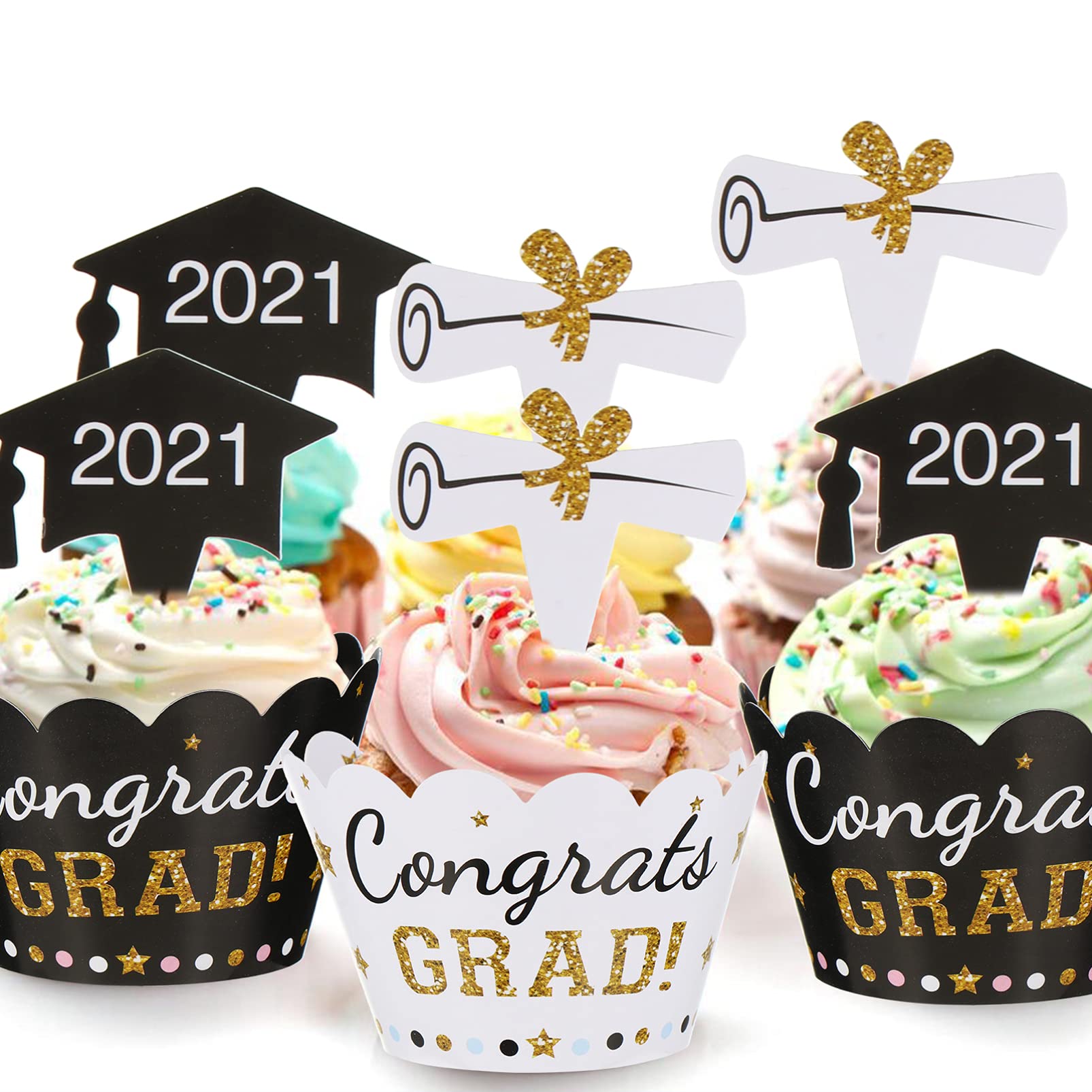 Graduation Cupcake Toppers & Baking Cups - 3 Sets of Hemoton Graduation Muffin Liners & Cake Wrappers - Perfect for Graduation Parties, School Celebrations & Dessert Displays