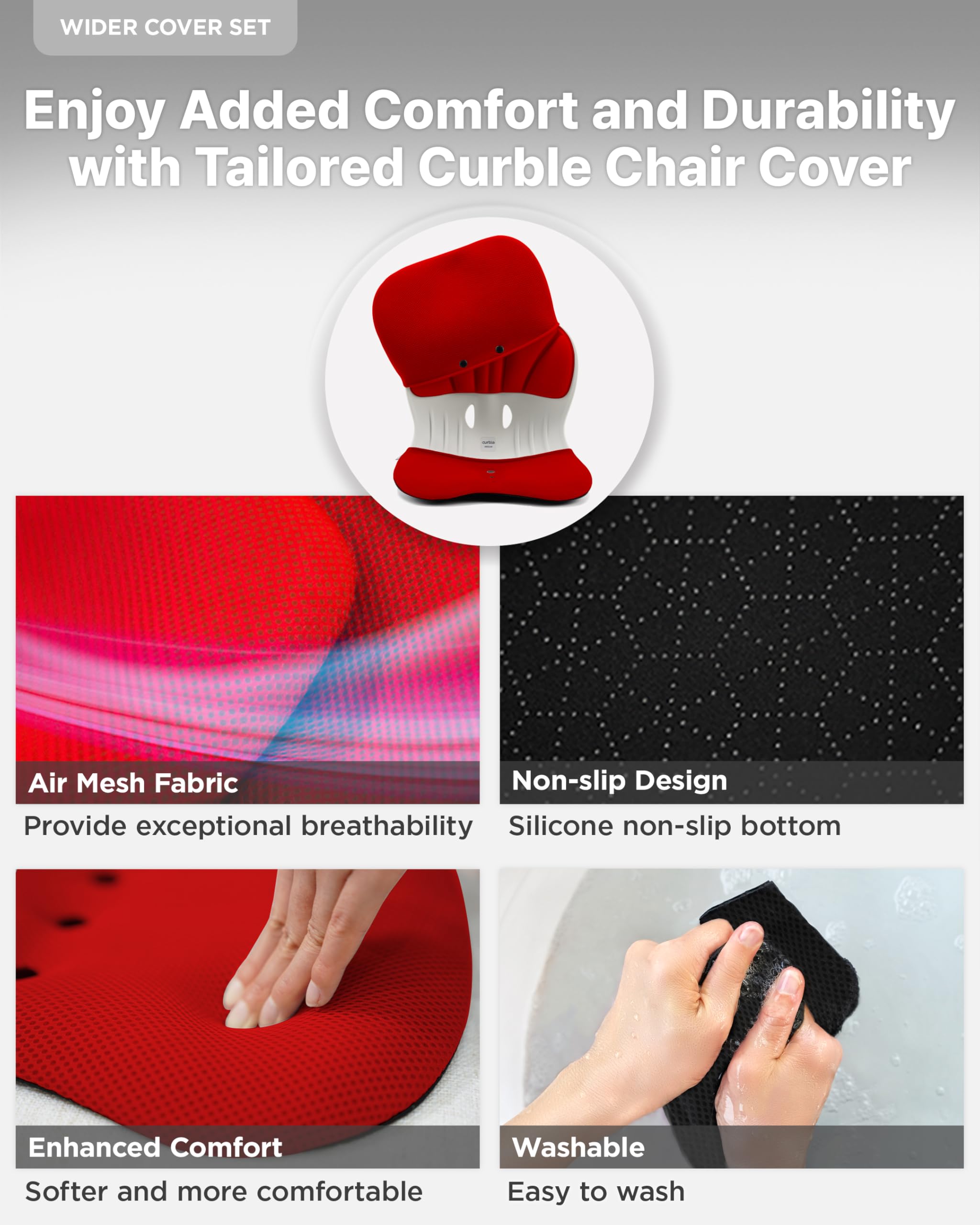 Curble WIDER Standard Wide Cover Set - Detachable Lumbar Support Chair Cover for Back Pain Relief & Posture Correction (Red) - Ideal for Office, Gaming & Ergonomic Home Use