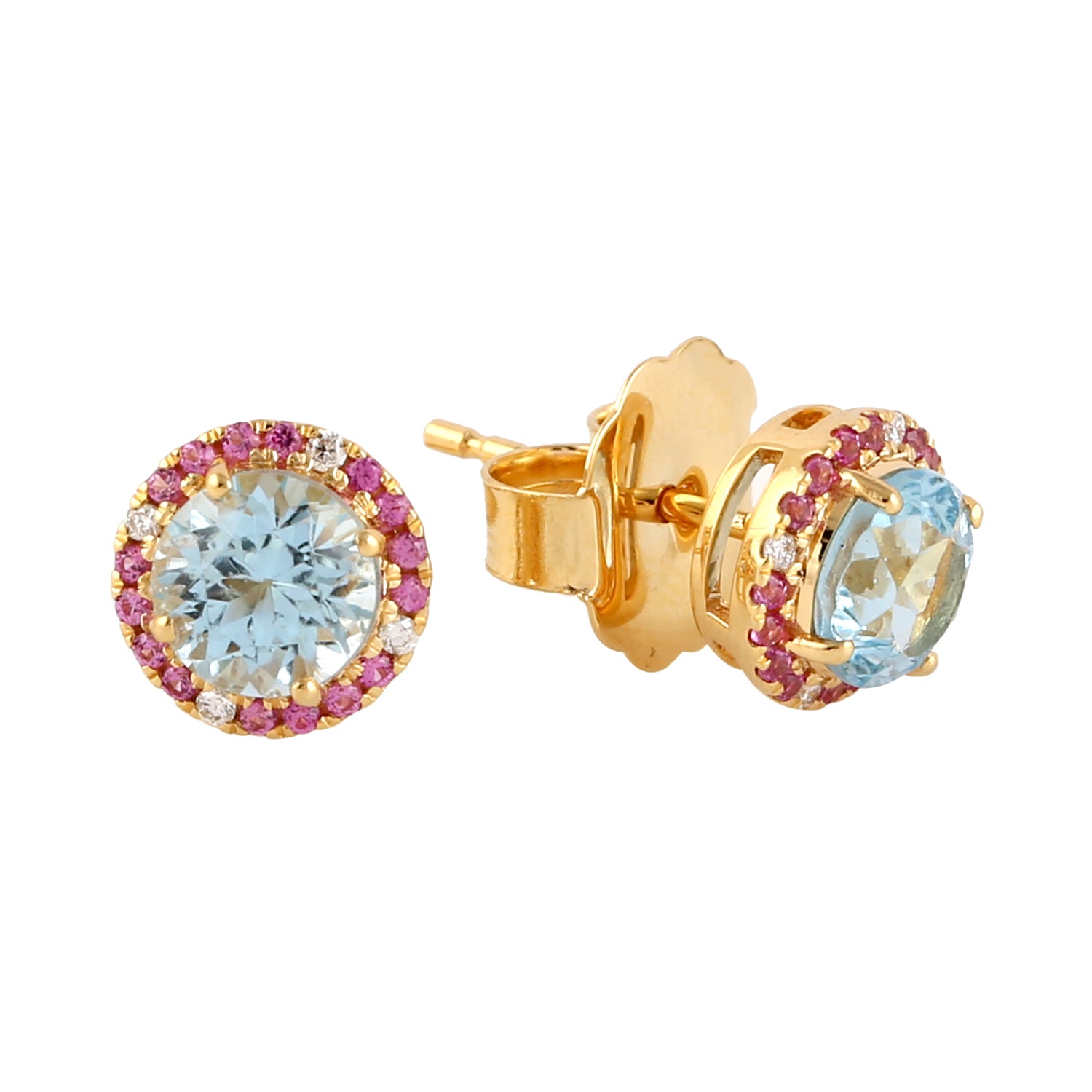 18k Yellow Gold Blue Topaz & Pink Sapphire Diamond Stud Earrings for Women - Elegant Gift for Weddings, Anniversaries & Special Occasions