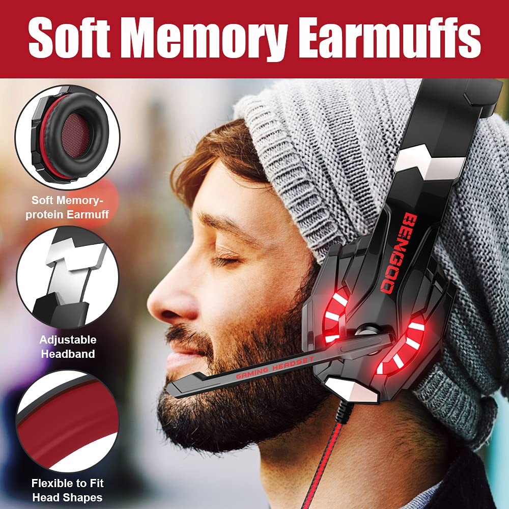 BENGOO Stereo Pro Gaming Headset with Noise Cancelling Mic - Compatible with PS4, PC, Xbox One, Laptop & Mac | Over-Ear Headphones with LED Lights, Bass Surround & Memory Foam Earmuffs | Perfect for Gaming, Streaming & Online Meetings
