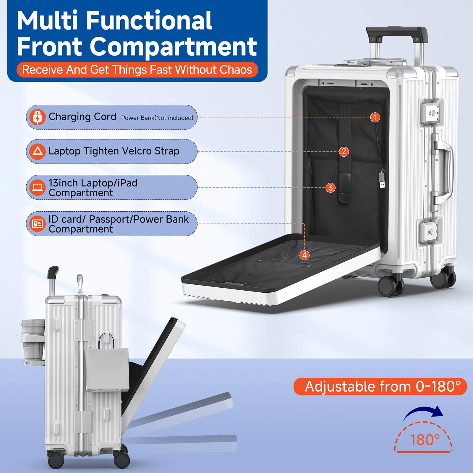 TSA Approved 22x14x9 Inch Carry On Luggage with 360° Spinner Wheels - Aluminum Frame Business Suitcase with Laptop Compartment & Cup Holder, Flexible Handle for Air Travel (White) - Perfect for Business Trips & Weekend Getaways