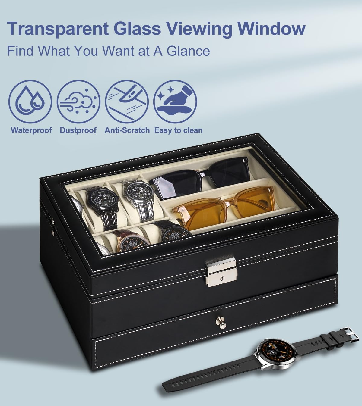 Jenseits 6-Slot Watch Box for Men & Women - PU Leather Watch Display Case with Lockable Drawer, Sunglasses Organizer & 2-Layer Jewelry Storage - Perfect Watch Holder for Father's Day Gifts, Travel & Home Decor