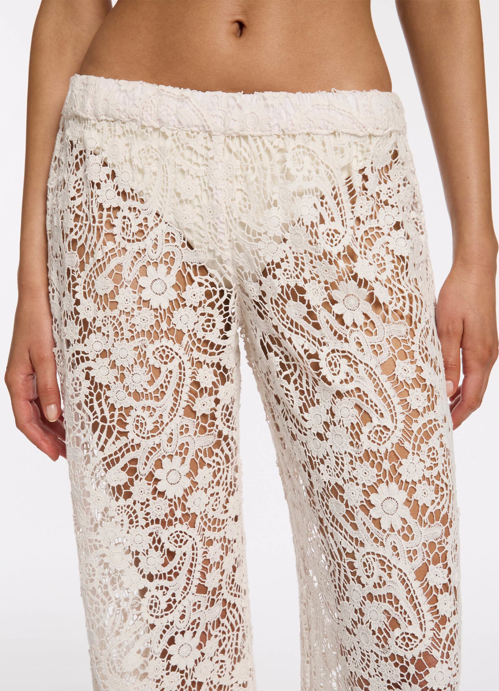 Velana Lace Wide Leg Pants for Women - Soft Cream High Waisted Palazzo Trousers - Elegant Boho Chic Lounge Pants for Casual Wear, Office, and Special Occasions