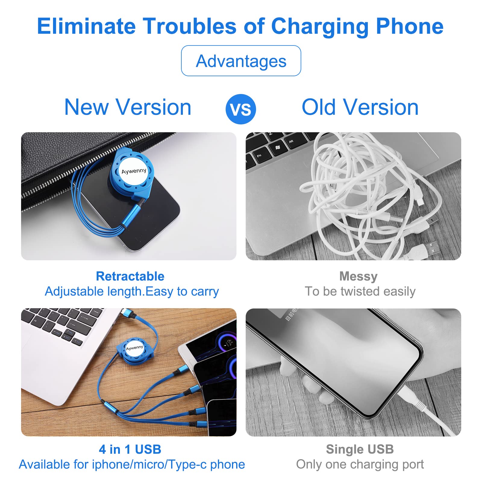 4-in-1 Retractable Fast Charging Cable (4A, 3.3Ft) - Multi-Port USB C/Micro/Phone Charger for iPhone, Samsung Galaxy, Tablets, PS5 - Perfect for Travel, Office & Home Use