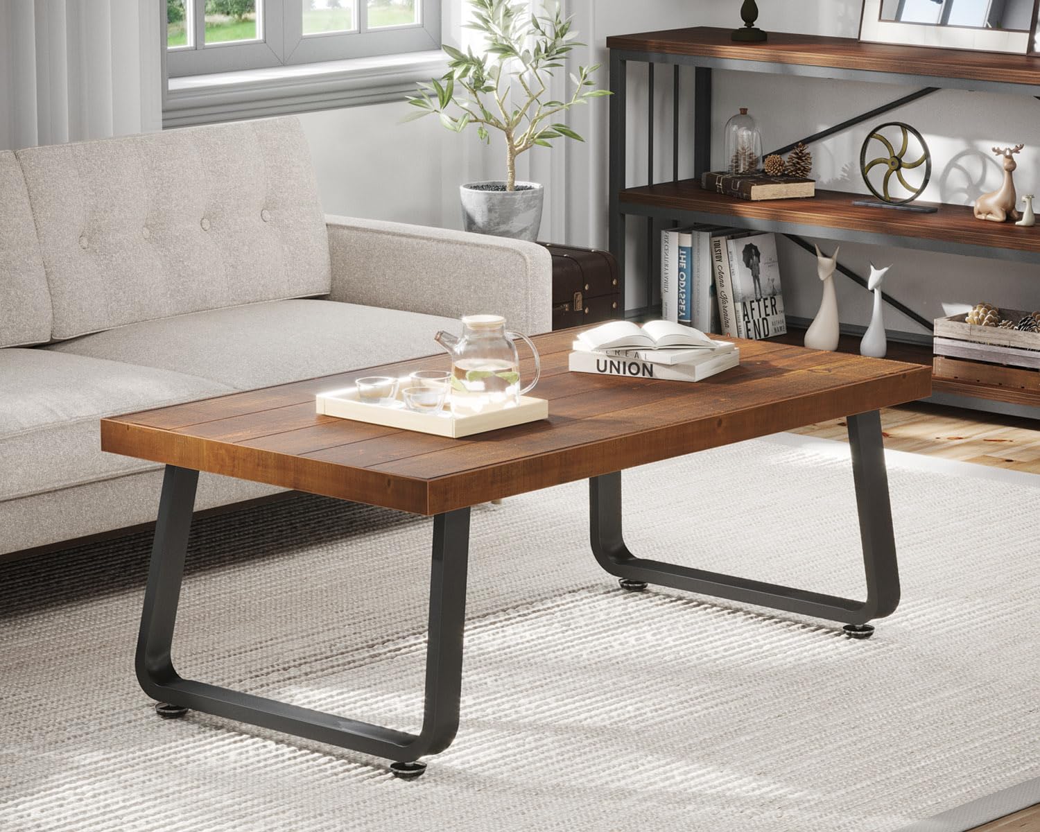 IBF 47 Inch Rustic Brown Solid Wood Coffee Table - Modern Industrial Minimalist Design with Metal Frame, Rectangle Living Room Center Table for Cocktail & Tea - Perfect for Farmhouse, Loft & Apartment Decor