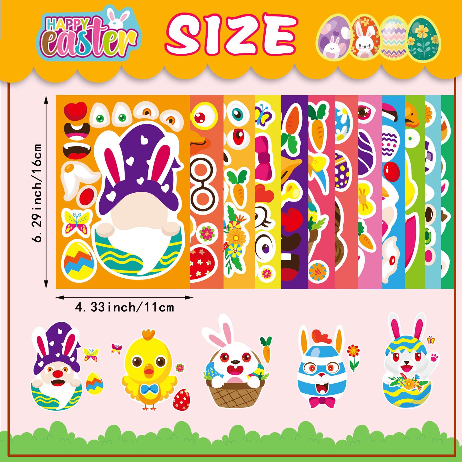 24 Sheets DIY Easter Make-a-Face Stickers for Kids - Easter Bunny, Chick, Lamb & Farm Animal Stickers for Boys & Girls - Fun Classroom, Party Favors & Family Activities