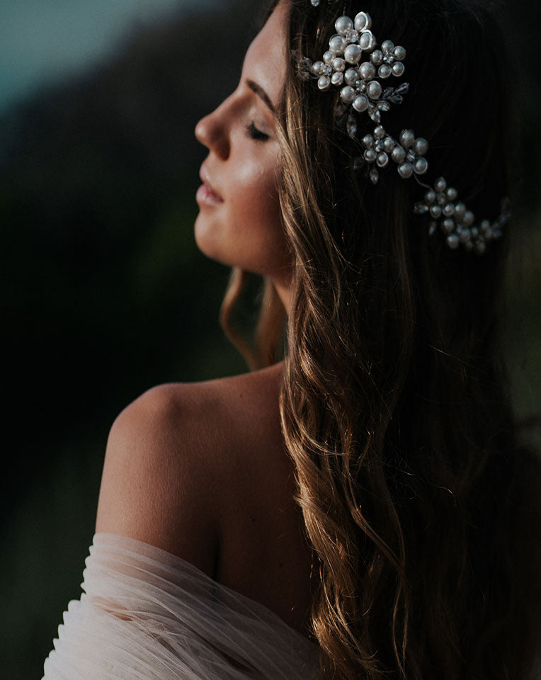 Elegant Bridal Headpiece with Dramatic Pearl Clustered Floral Vine Band - Milan by Kezani | Perfect for Weddings, Bridal Showers & Boho Bridal Looks | Buy or Hire Online