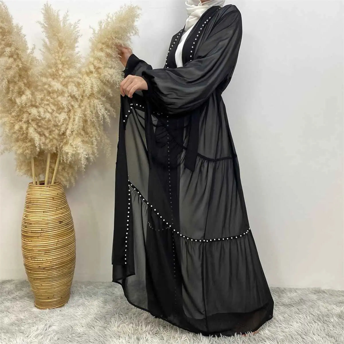 Elegant Muslim Women's Chiffon Beaded Open Abaya Dress - Modest Islamic Prayer Dress for Mosque, Eid & Special Occasions