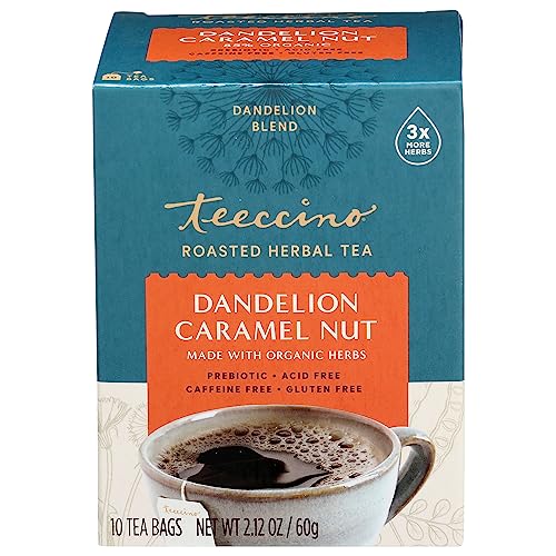 Teeccino Dandelion Caramel Nut Herbal Tea - Caffeine Free, Roasted Herbal Tea with Prebiotics | 3x More Herbs | Gluten Free | 10 Tea Bags | Perfect for Relaxation & Digestive Health