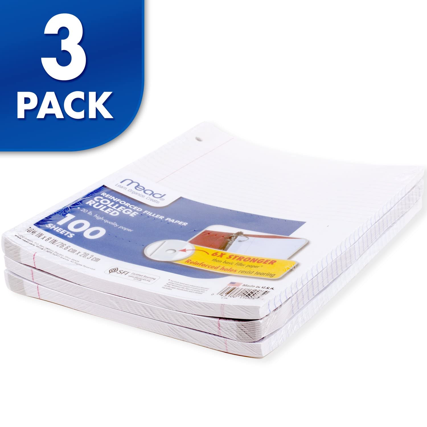 Premium Mead Loose Leaf Paper - 3 Pack, College Ruled Filler Paper with Reinforced Edges, 8 x 10.5 Inches, 100 Sheets per Pack (38037) - Perfect for School, Office & Note Taking