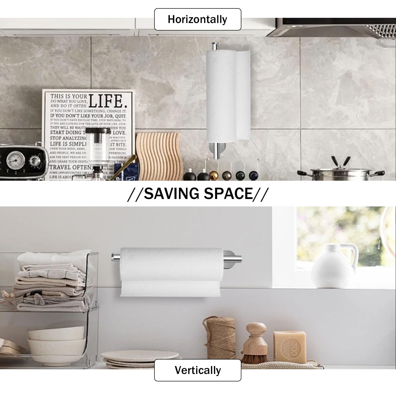 Stainless Steel Paper Towel Holder for Kitchen - Under Cabinet Mount with Adhesive & Screws, Bulk Paper Towel Rack (Silver) - Perfect for Countertop & Cabinet Organization