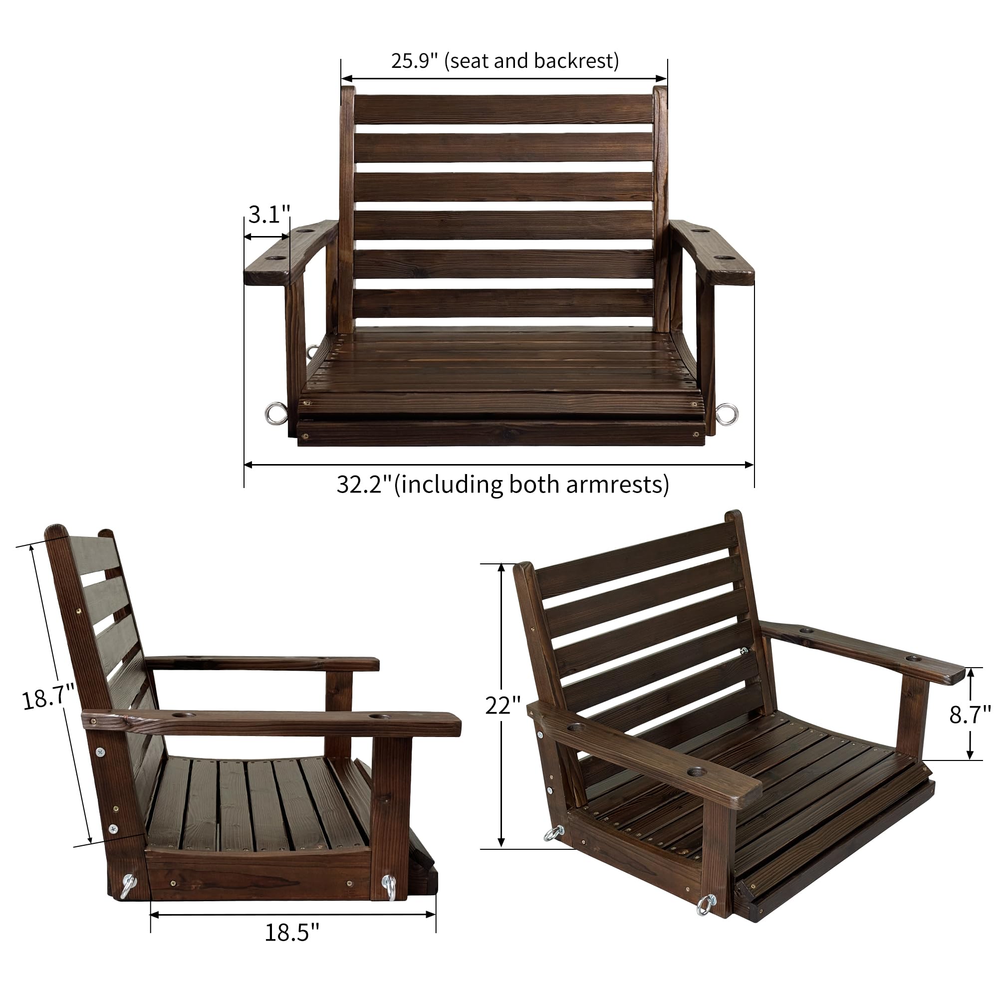 **Heavy Duty Wooden Porch Swing - Ergonomic Outdoor Bench Swing with Hanging Chains & 7mm Springs - Supports 880 lbs - Perfect for Patio, Garden, Yard & Backyard Relaxation (Deep Brown, 1-Seater)**
