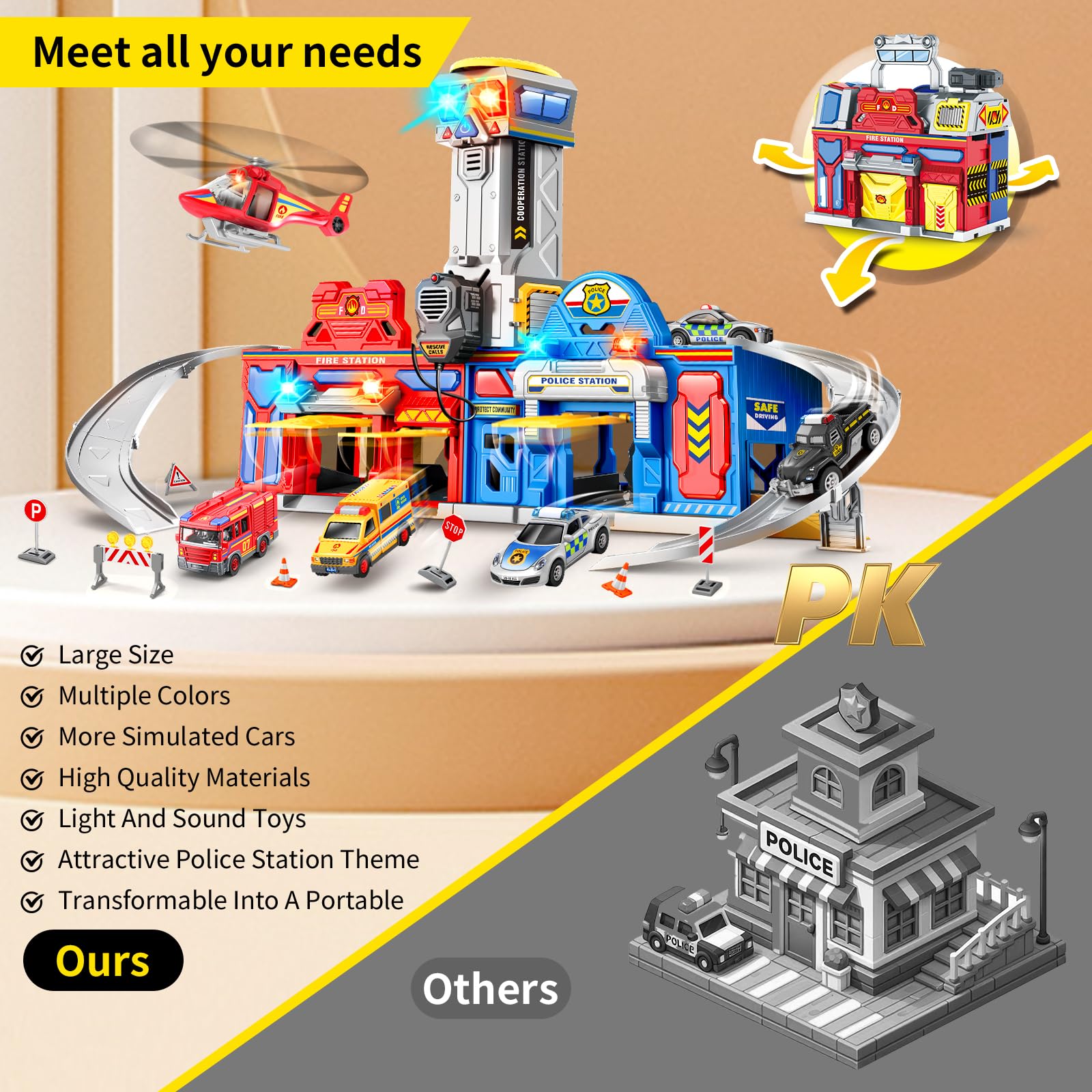 29.5'' Large City Action Rescue Vehicle Playset with Lights & Sounds - Police & Fire Station Transform Track with 4 Cars & Helicopter - STEM Learning Toys for 3-6 Year Old Boys & Girls - Perfect for Birthday Gifts & Pretend Play Scenarios