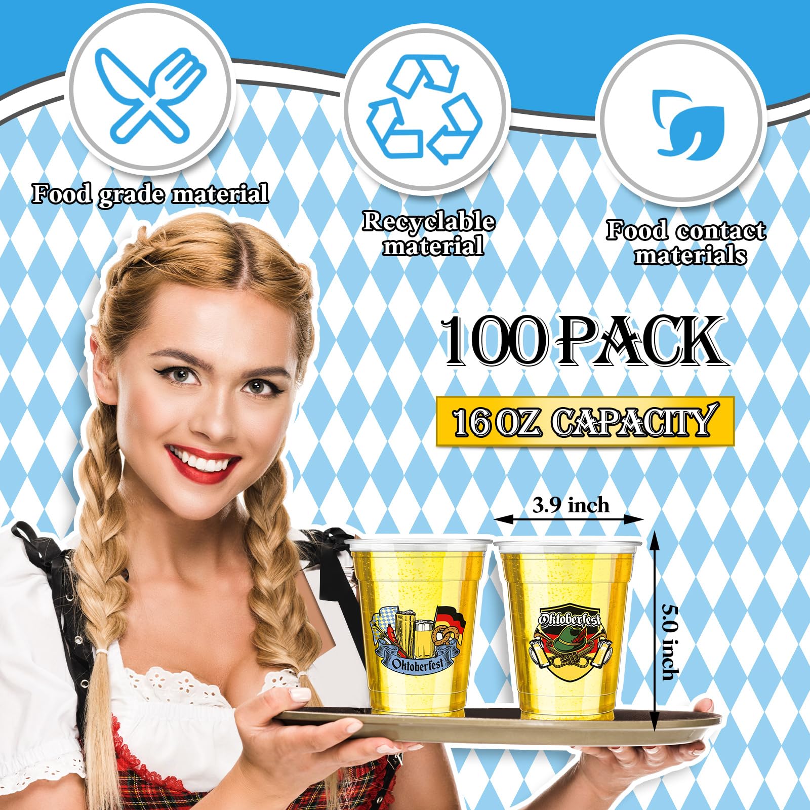 Bokon 100-Pack 16oz Oktoberfest Plastic Beer Cups - Thick Clear Disposable Cups for German Pretzel Beer, Bavarian Themed Party Supplies - Perfect for Oktoberfest Festival, Beer Tasting, and Themed Party Decorations