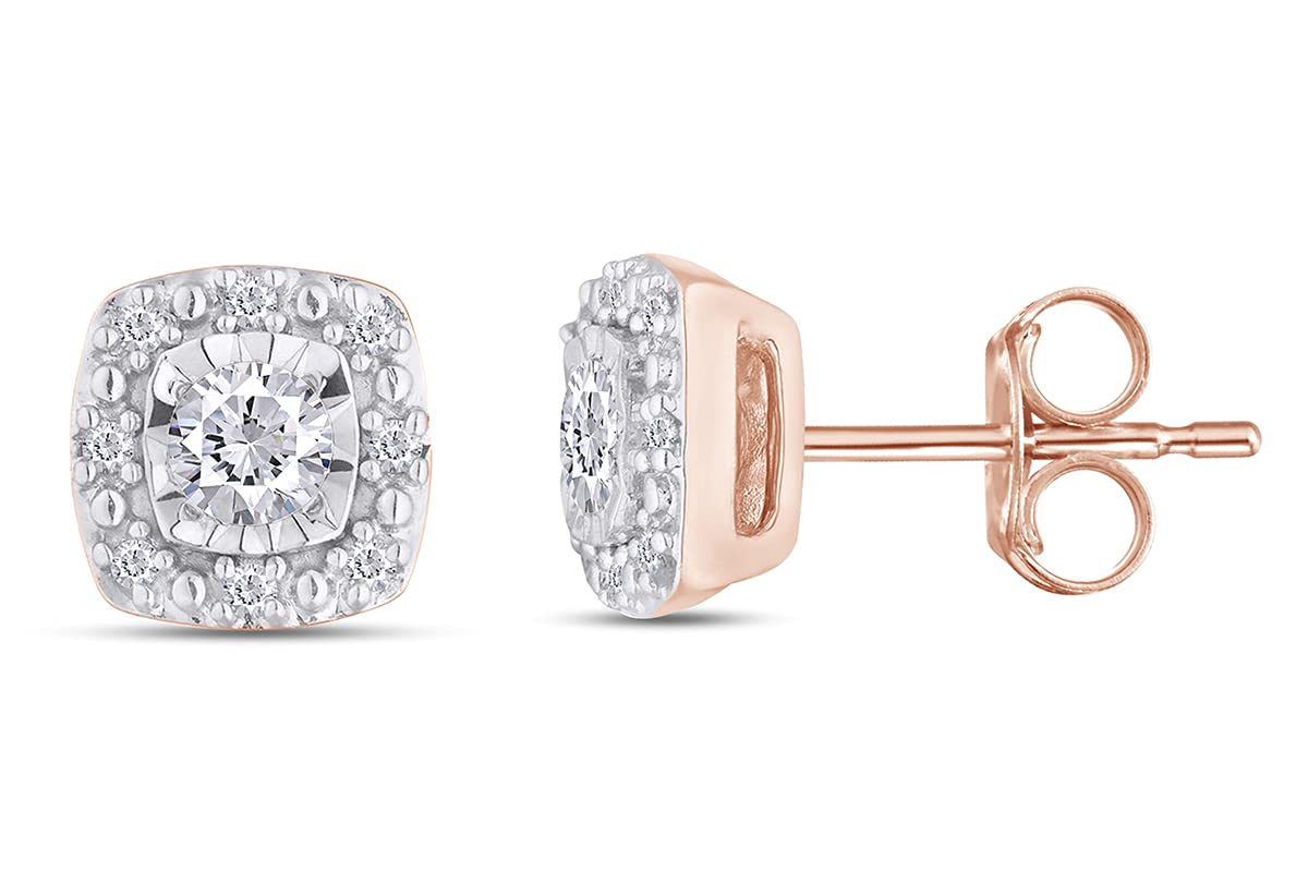 Wishrocks 1/7 Carat Cushion Cut Natural White Diamond Halo Stud Earrings - 14K Gold Plated 925 Sterling Silver Jewelry for Women (I2-I3 Clarity, I-J Color, 0.15 CTTW) - Perfect for Weddings, Anniversaries & Special Occasions
