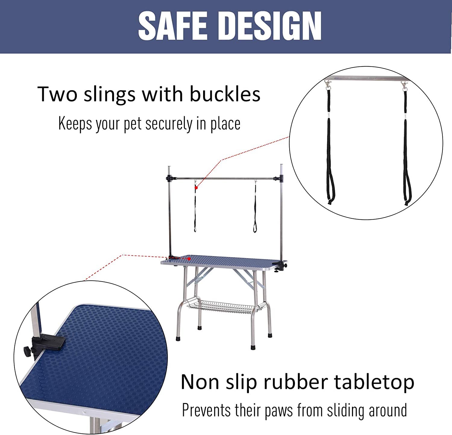 Foldable Stainless Steel Pet Grooming Table for Dogs - Heavy Duty 330lbs Capacity, Adjustable Height with Overhead Arms, Noose & Mesh Tray - 42 Inch Blue Professional Dog Bathing & Drying Station - Perfect for Home Grooming, Pet Salons & Veterinary Clinics
