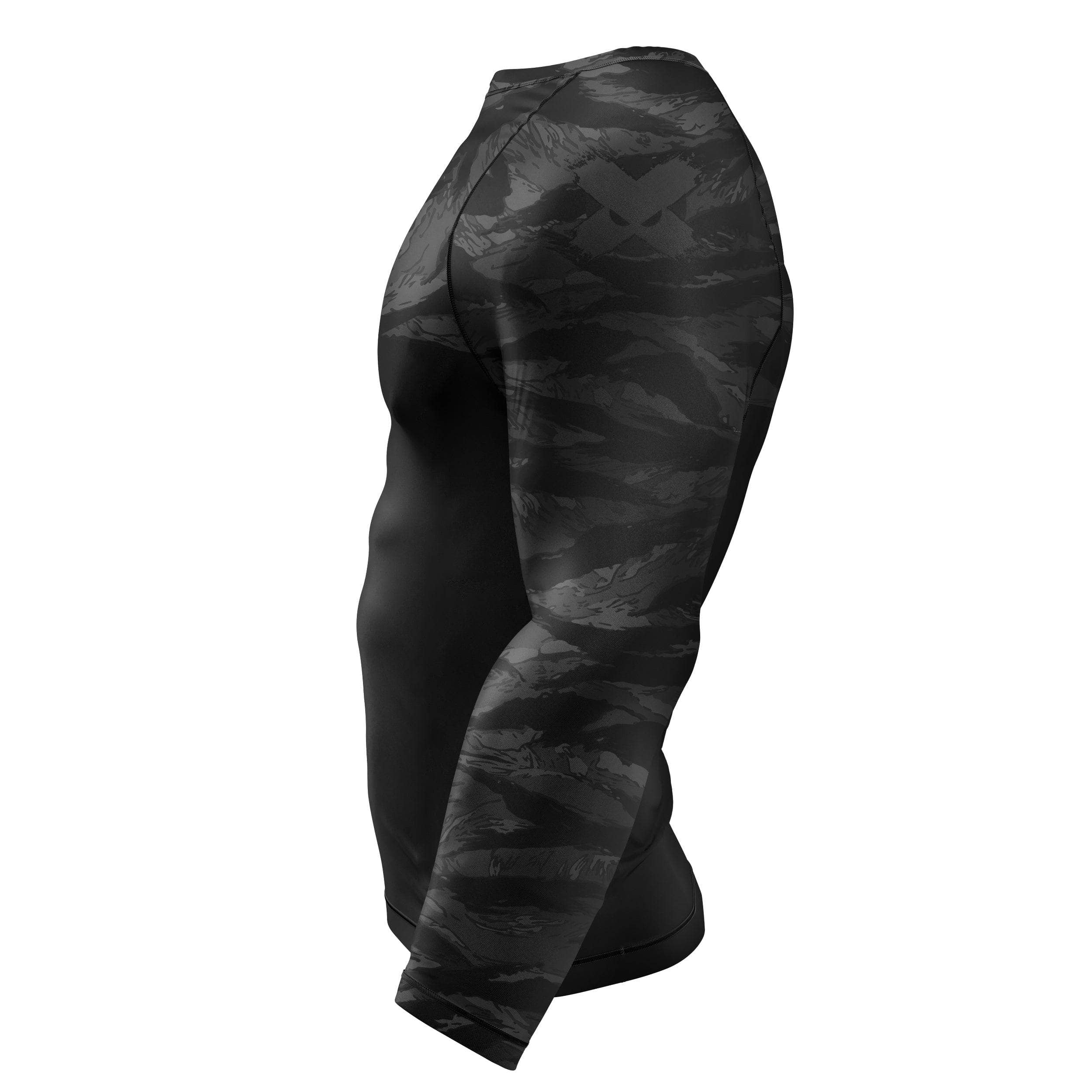 BJJ Rash Guard Black Tiger Camo X Tech 25 Series - Compression Long Sleeve MMA Grappling Shirt for Brazilian Jiu Jitsu, No Gi Training & MMA Fighting - Moisture Wicking & UV Protection