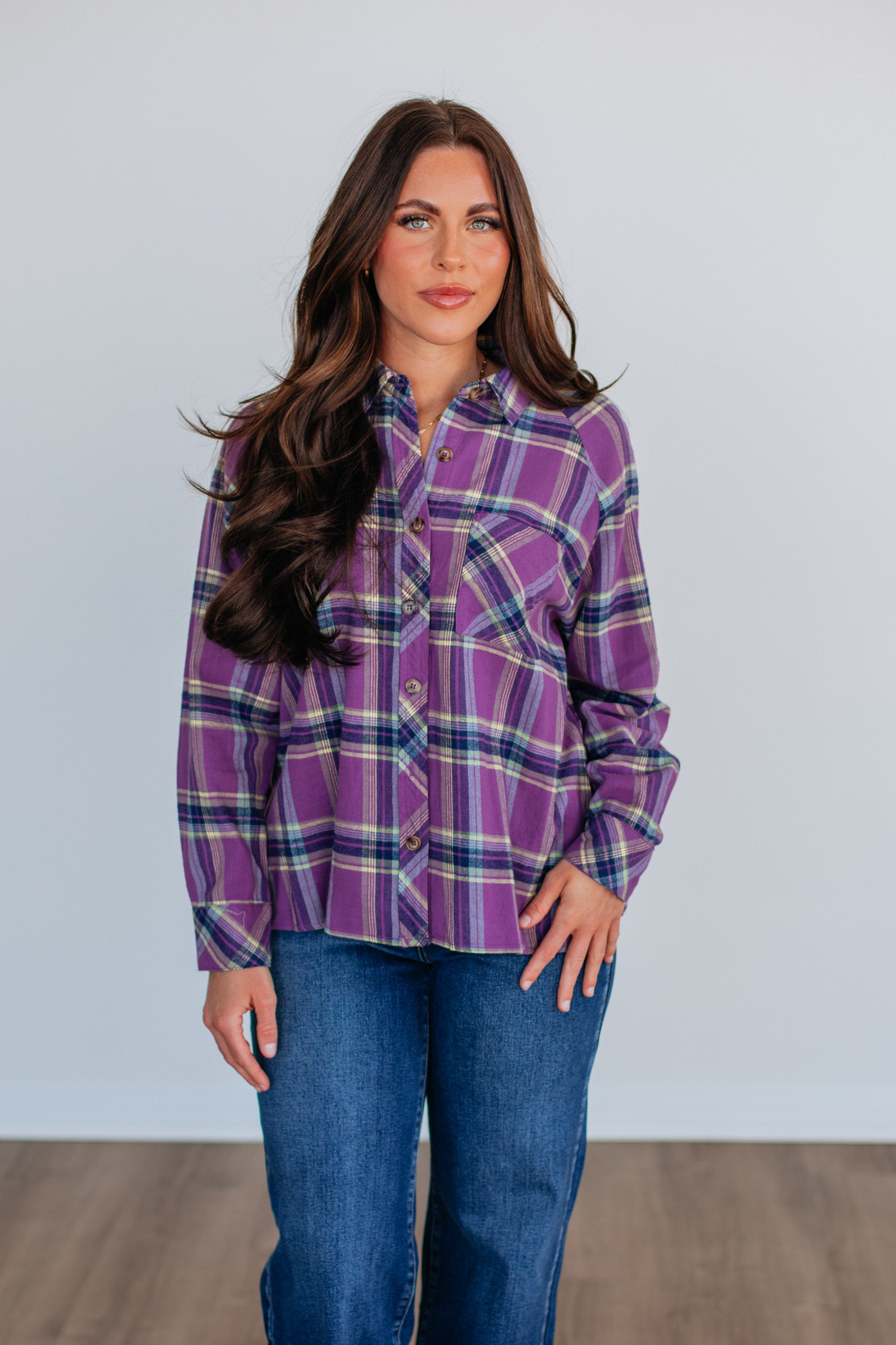 Jema Women's Flannel Shirt Top - Soft Violet Mix Plaid Long Sleeve Button Down for Fall & Winter | Casual Outfit, Layering, Outdoor Activities
