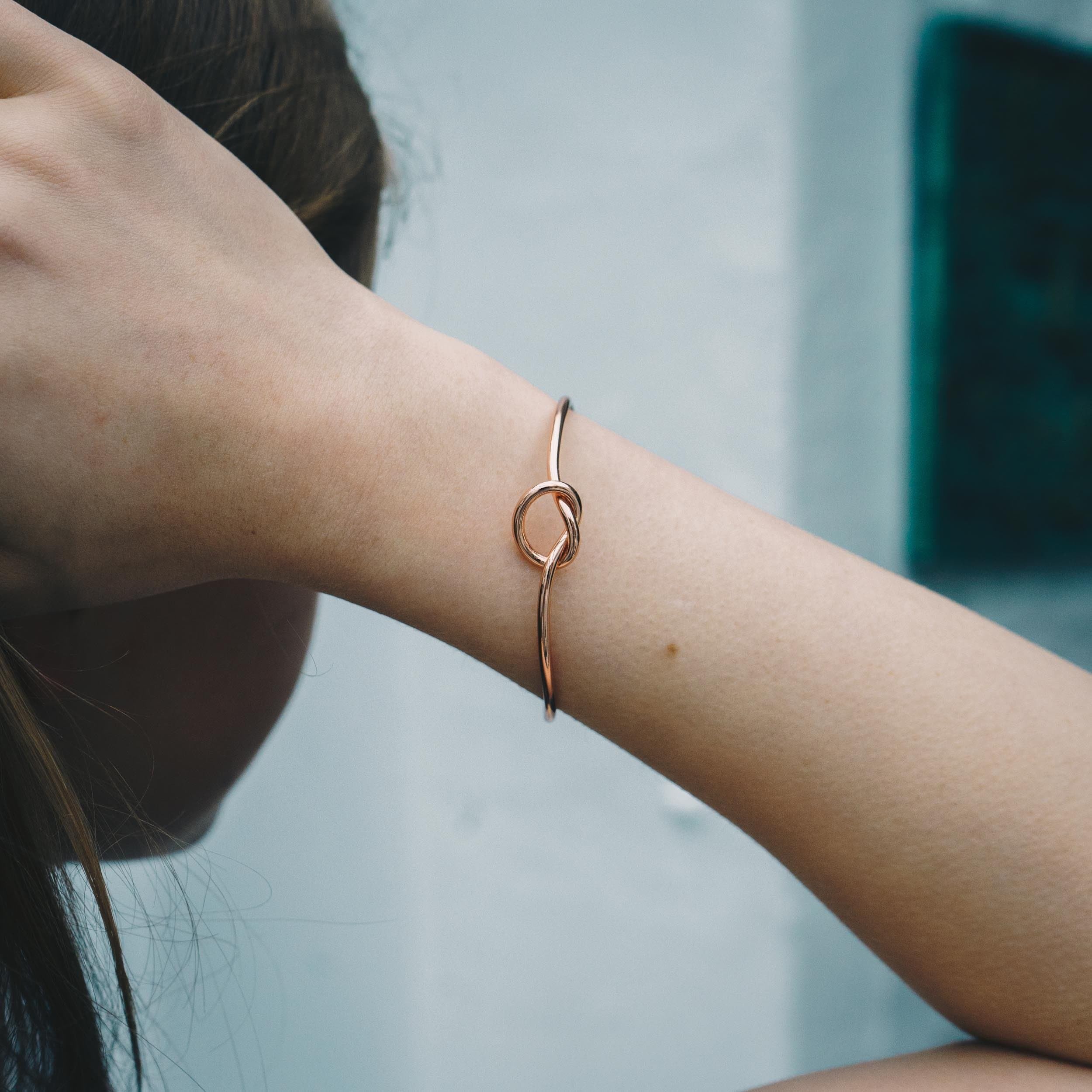 Philip Jones Rose Gold Plated Love Knot Cuff Bangle Bracelet for Women - Elegant Jewelry Gift for Anniversary, Valentine's Day & Special Occasions