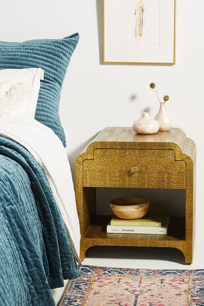 Hand Embossed Lotus Nightstand - Brass Golden Metal Bedside Table with Indian Carvings | Vintage Bedroom Furniture for Master Bedroom, Guest Room & Meditation Space