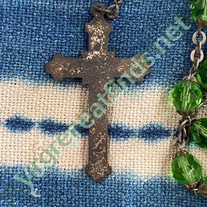 Vintage 7 Up Green Faceted Glass Bead Rosary - Antique Style Catholic Prayer Beads with Patina Finish for Collectors & Religious Devotion